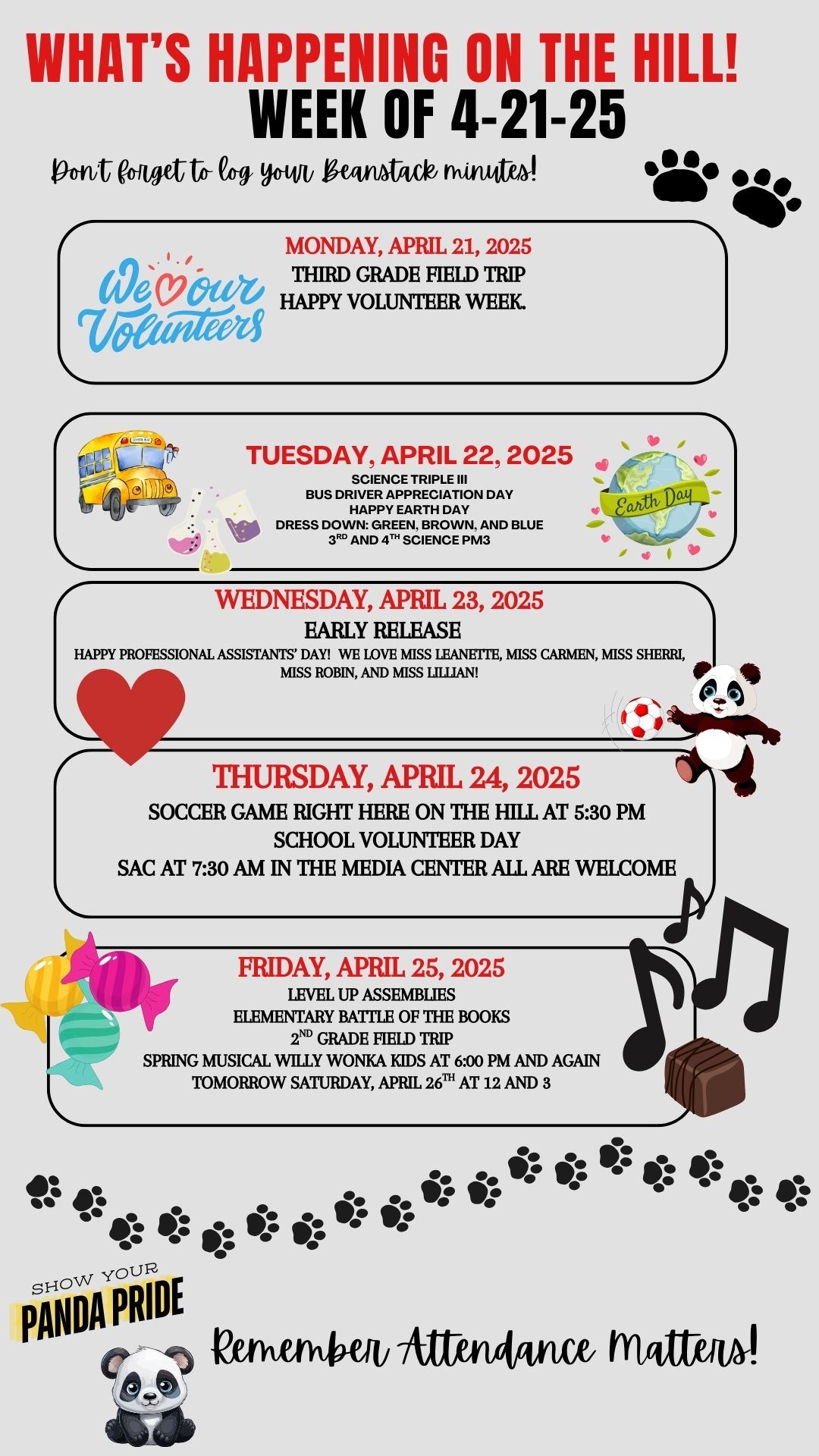  Monday-3rd Grade Field Trip, Friday-2nd Grade Field Trip, Willy Wonka Kids Friday 6pm, Sat.12 and 3
